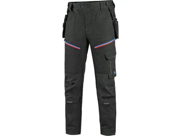 Spodnie CXS LEONIS, męskie, kolor czarny, niebiesko-czerwone elementy